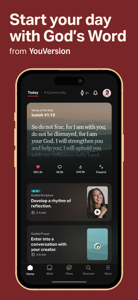 The YouVersion Bible App home screen featuring the Verse of the Day and daily spiritual activities