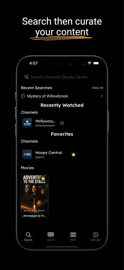 IPTV Player: M3U & Xtream - Bolt IPTV app search interface showing recently watched channels and favorite movie content