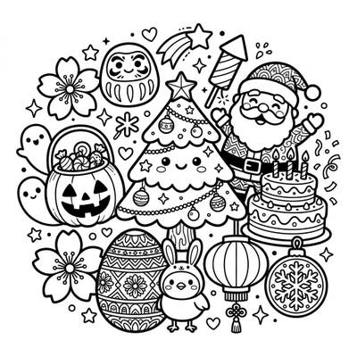 Discover a delightful collection of holiday and event icons, all rendered in an irresistibly cute kawaii style. This intricate adult coloring page offers a charming escape, blending festive cheer with mindful creativity.