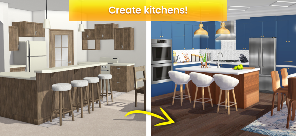 A split screen showing a kitchen renovation before and after with modern blue cabinets and a stylish island