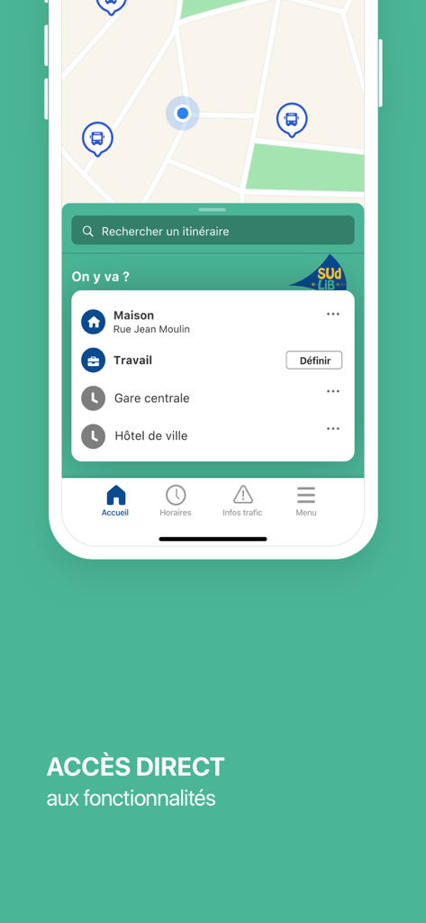 SudLib - SudLib app screen showing navigation map with bus stops and a list of favorite destinations like home and work