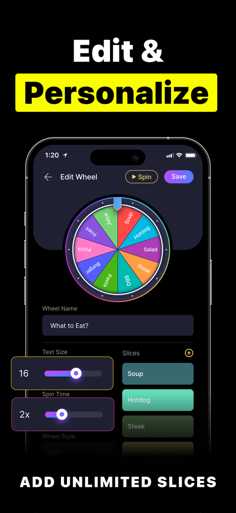 Wheel Spinner: Spin the Wheel - A screenshot of the Wheel Spinner app showing options to edit and personalize a decision wheel for food.