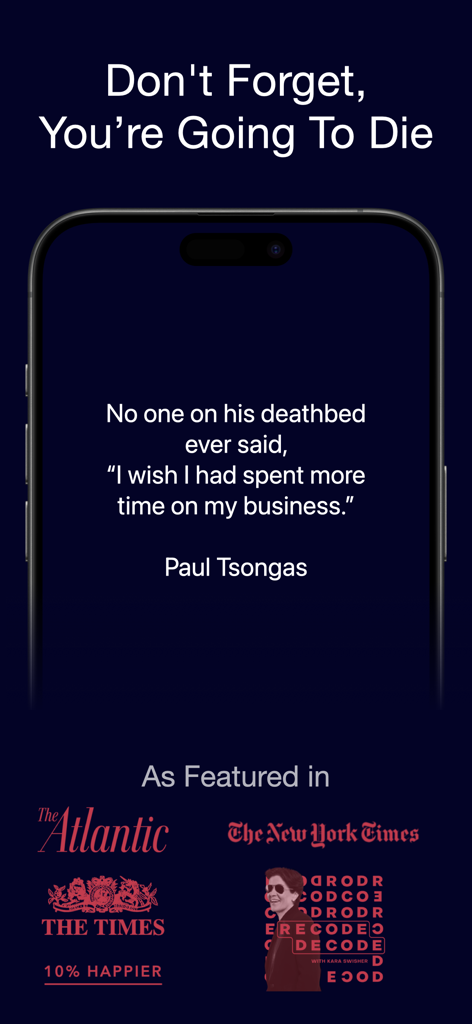 WeCroak - WeCroak app screen showing a memento mori quote and press features from The New York Times and The Atlantic