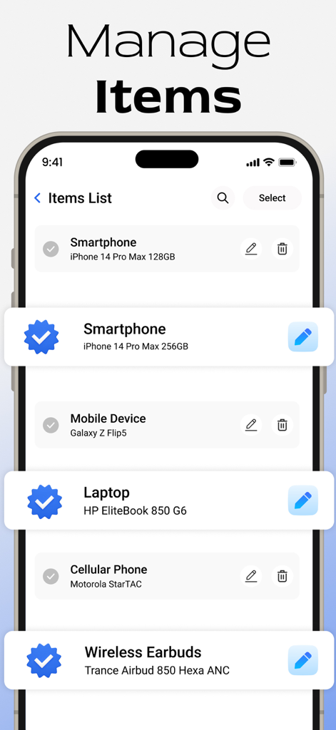 Mobile app interface showing an inventory items list for managing business stock