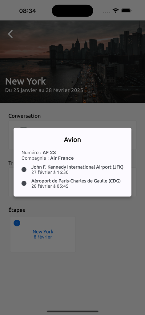 Conciergerie Carrefour Voyages - Application Conciergerie Carrefour Voyages affichant les détails du vol et l'itinéraire d'un voyage à New York.