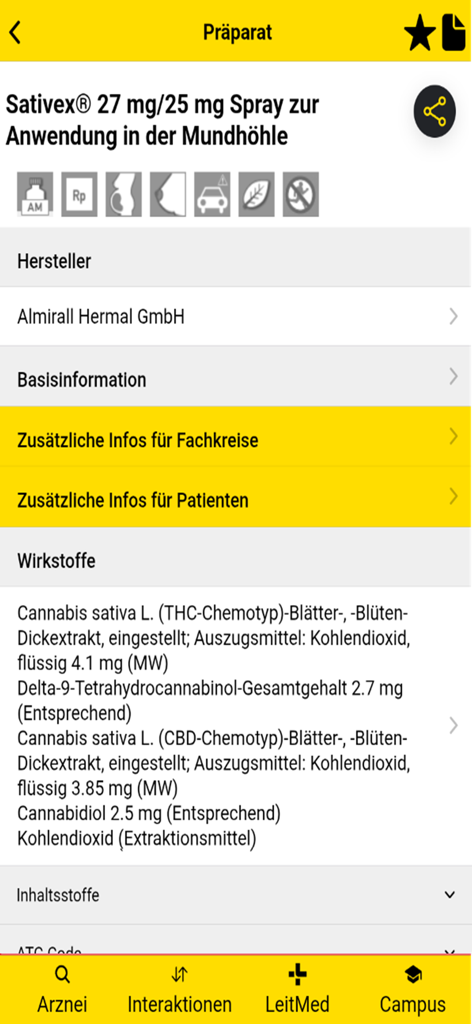 Drug details screen for Sativex spray in the Gelbe Liste Pharmindex mobile app.