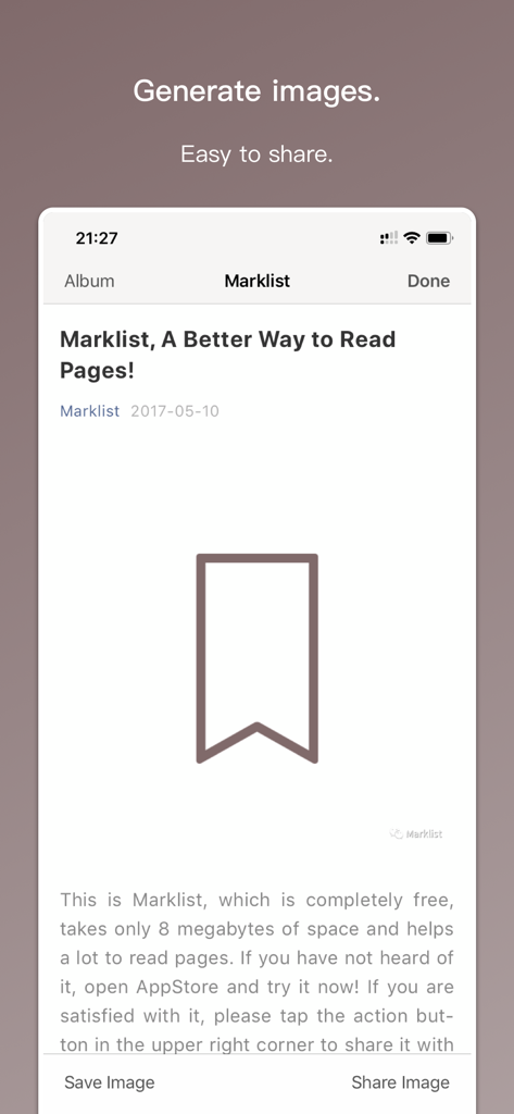 Marklist - Manage Later Things - Marklist app interface showcasing the feature to generate and share content as images.
