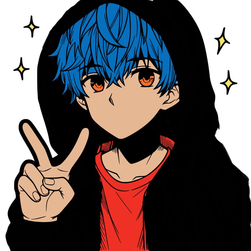 teenage manga boy in a hoodie, doing ✌