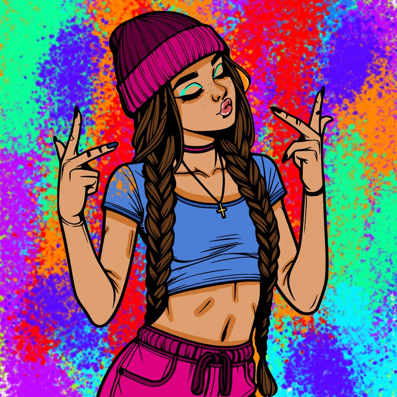 realistic teenage girl with braids and a beanie and crop top doing 🫶🏼