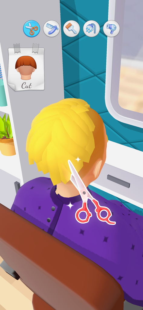 Cortando cabello amarillo brillante con tijeras rojas en un juego simulador de barbería.