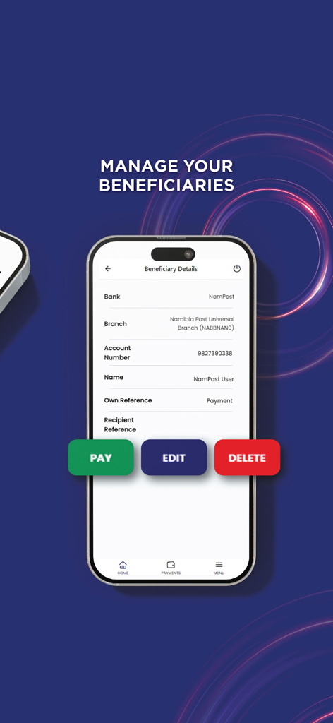 MyNamPost Banking - Beneficiary management screen in the MyNamPost Banking app displaying account details with options to pay edit or delete