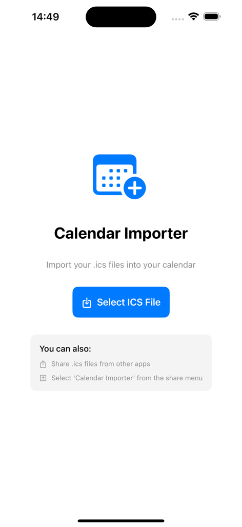 Calendar Importer - The home screen of the Calendar Importer app featuring a button to select and import ICS files.