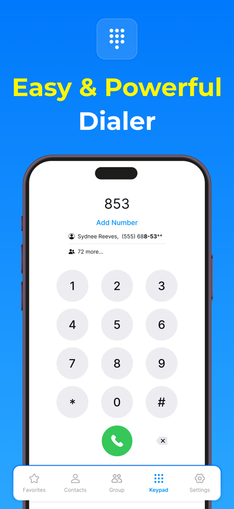 Contacts - Phone Dialer - A mobile phone dialer interface with a numeric keypad and contact suggestion