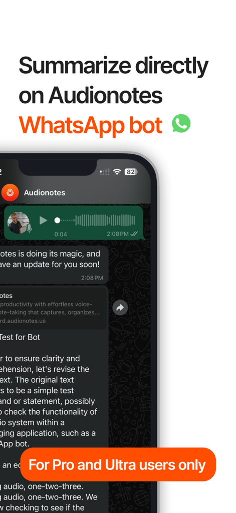Audionotes: Audio Notes AI - Interface do bot do WhatsApp Audionotes para resumos de notas de voz com IA.