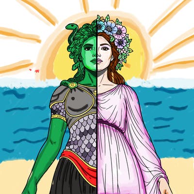 a medusa statue, split in the middle, and on the other side a beautiful woman with a flower wreath and a veiled dress with hair down to her shoulders.