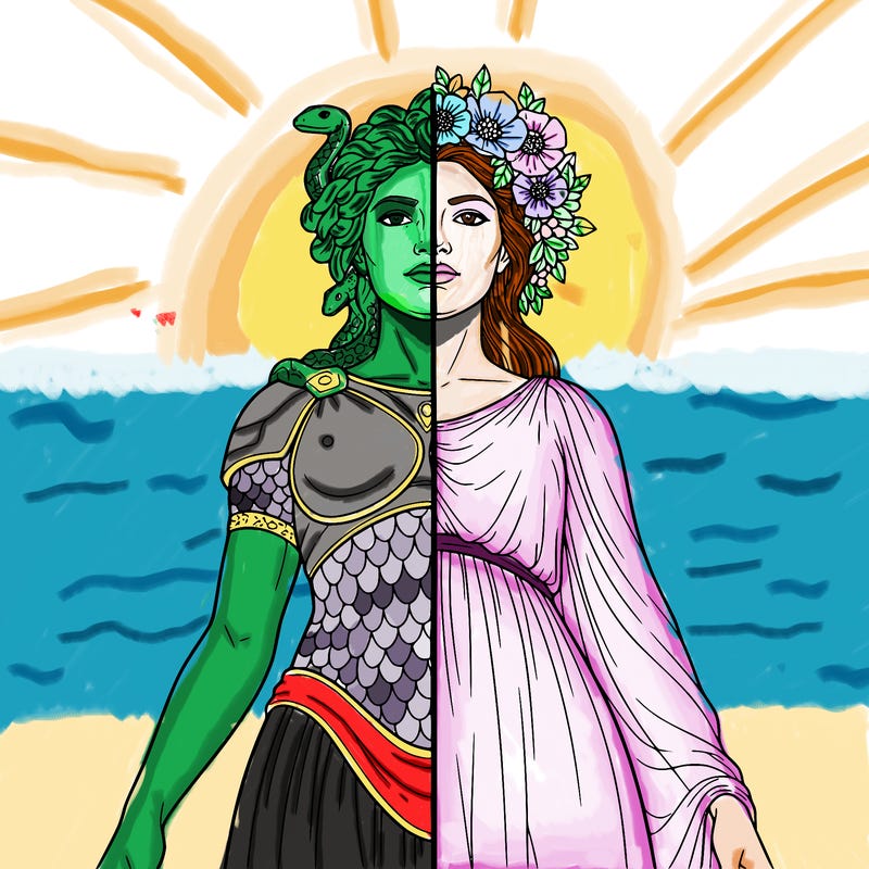 a medusa statue, split in the middle, and on the other side a beautiful woman with a flower wreath and a veiled dress with hair down to her shoulders.