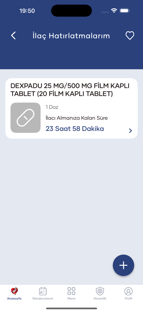 Ein Screenshot des Abschnitts Medikamentenerinnerungen in der e-Nabiz Gesundheits-App, der einen Dosierungs-Countdown anzeigt