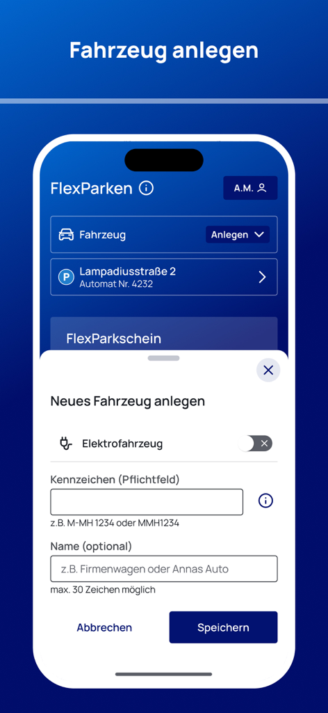 Interface for adding a new vehicle with license plate details in the HandyParken Munich app.