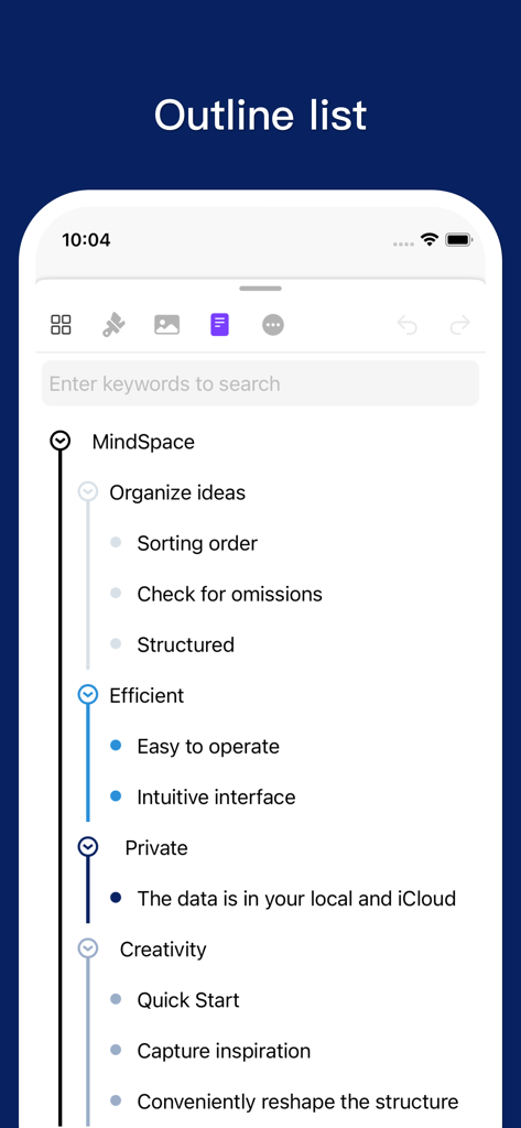 A vertical outline list interface in the MindSpace app showcasing organized thoughts and features