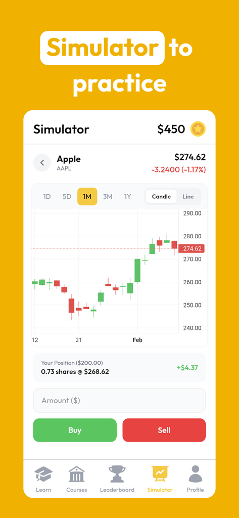 MunYun - Learn to Trade - MunYun app trading simulator screen showing an Apple stock candlestick chart with buy and sell buttons