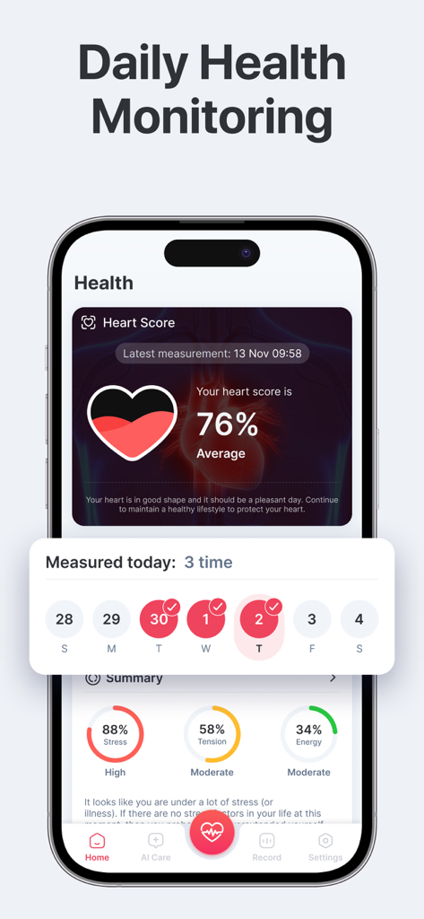 Heart Rate Monitor - Pulse HRV - Heart Rate Monitor app dashboard displaying heart score and daily stress levels