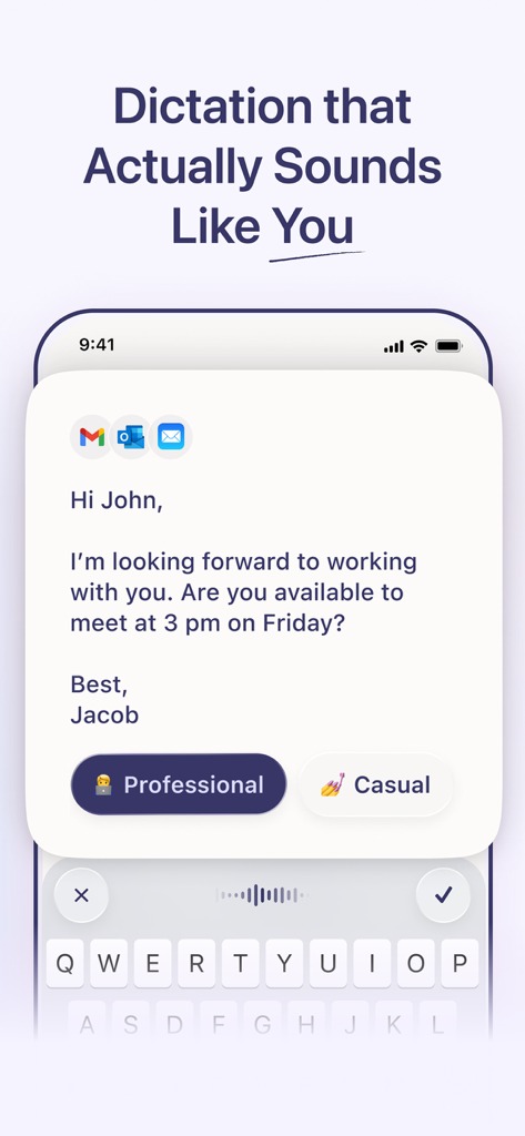 Willow Dictation & AI Keyboard - Willow KI-Diktier-Tastatur, die die Auswahl des professionellen Tons für eine verfasste E-Mail zeigt.