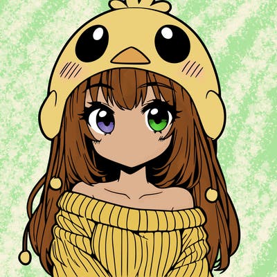 anime girl with chick shaped hat with sweater with bare shoulders with bangs covering them one eye with low tail