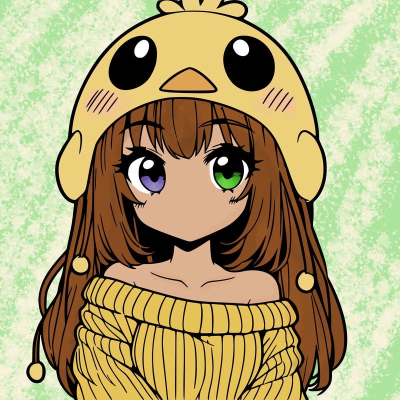 anime girl with chick shaped hat with sweater with bare shoulders with bangs covering them one eye with low tail