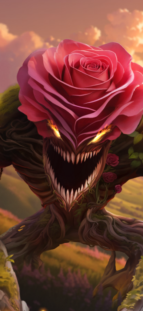 A magical monster with a giant pink rose head and sharp teeth in a fantasy landscape