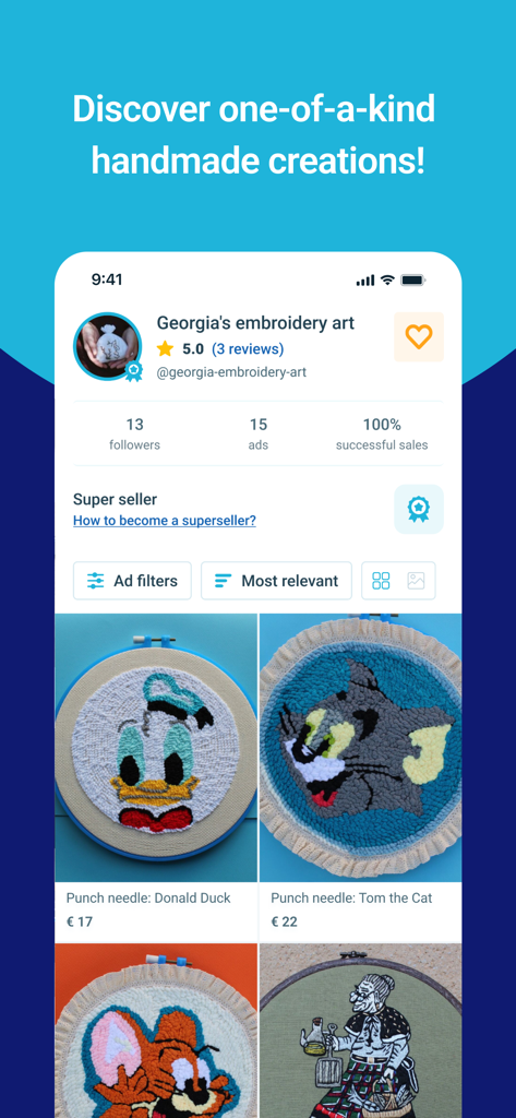 Vendora - Buy & Sell - Vendoraアプリで、手作り刺繍アートのリスティングが表示されているセラープロフィールを表示しています。