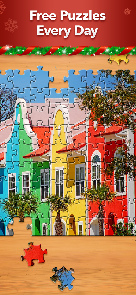 Jigsaw Puzzle - 毎日無料パズルというテキストが表示されたカラフルな家のデジタルジグソーパズル。