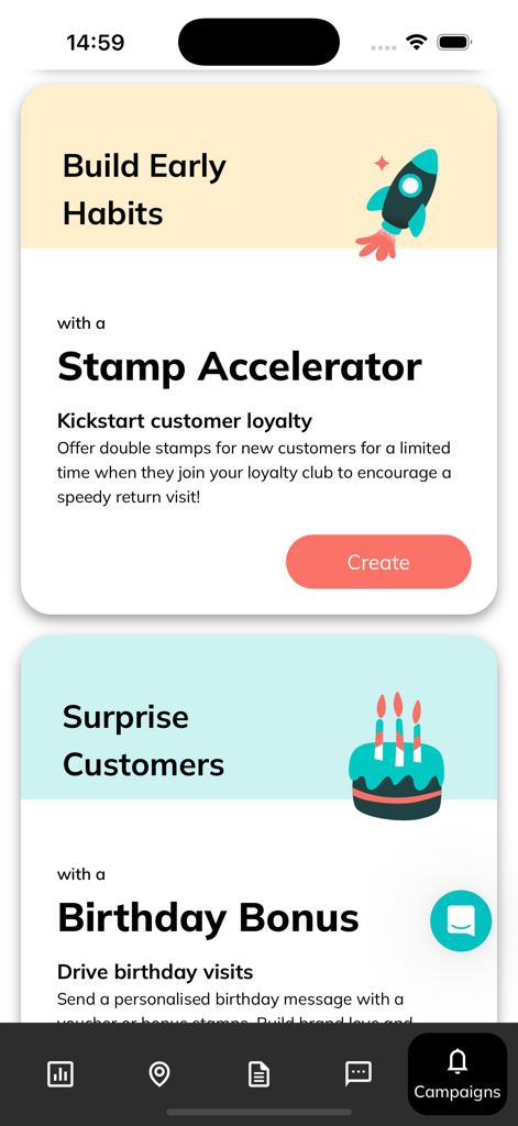 SQUID Business - Pantalla de la aplicación SQUID Business que muestra opciones de campañas de marketing, incluyendo un acelerador de sellos y un bono de cumpleaños para impulsar la fidelización del cliente