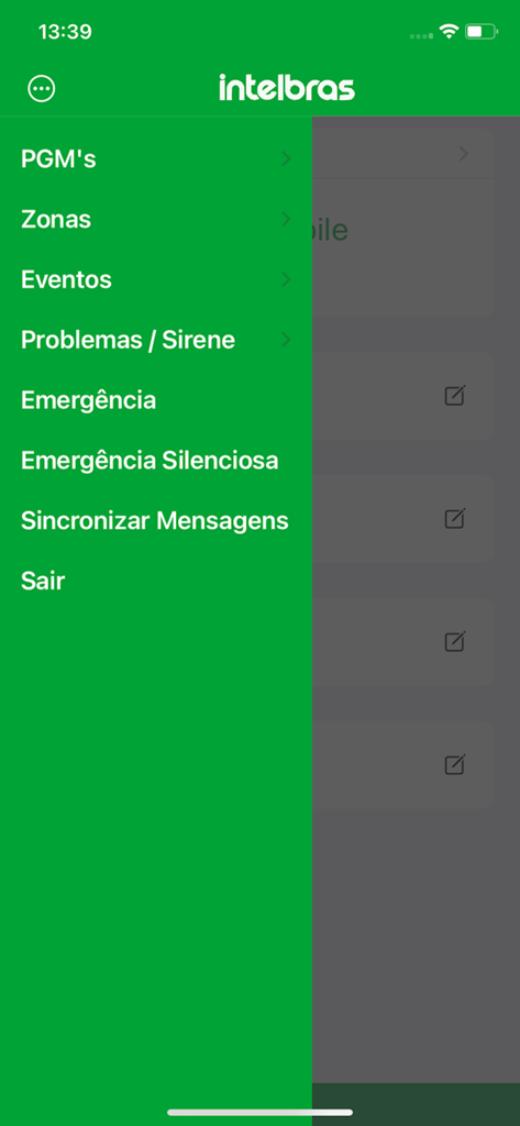 AMT Mobile V3 - Seitenmenü der AMT Mobile V3 App mit Steuerungsoptionen für das Sicherheitssystem, einschließlich Zonen und Notfallwarnungen