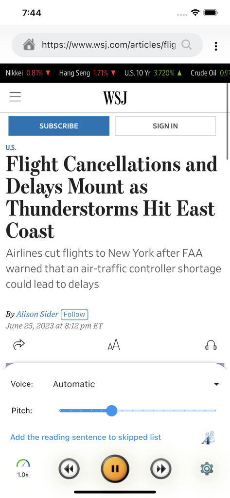 AI Read Aloud Text To Speech - AI Read Aloud app interface displaying a news article with audio playback controls and voice settings
