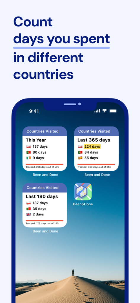 Been & Done Travel Journal Map - iOS-Startbildschirm zeigt Been and Done Reiseverfolgungs-Widgets mit der Anzahl der Tage, die in verschiedenen Ländern verbracht wurden