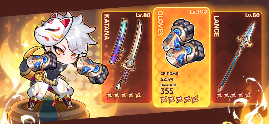 Hero Blitz: RPG Roguelike War - Chibi anime hero in Hero Blitz RPG next to gear cards for Katana Gloves and Lance