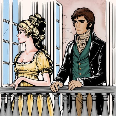 realistic regency era man and woman on balcony