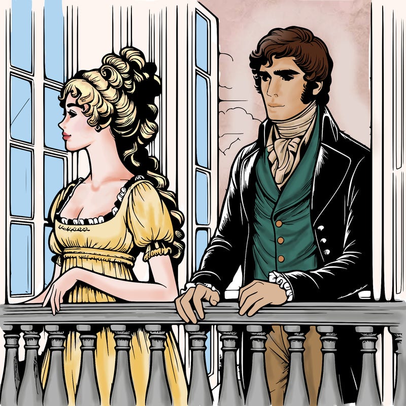 realistic regency era man and woman on balcony
