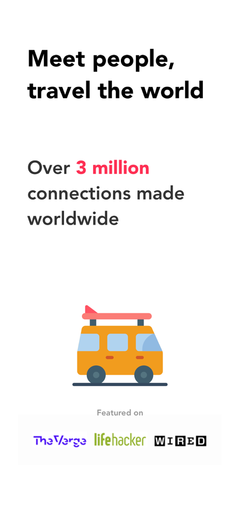 Fairytrail app screen highlighting over 3 million global connections and features in The Verge Lifehacker and Wired