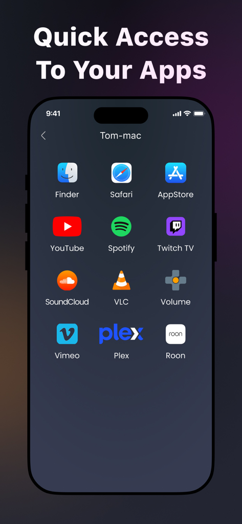 Remote Mouse & Keyboard - iPhone screen showing quick access shortcuts for Mac apps like Safari, YouTube, and Spotify.