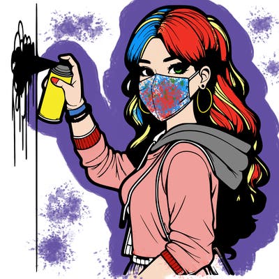 realistic girl with mask spray painting a wall