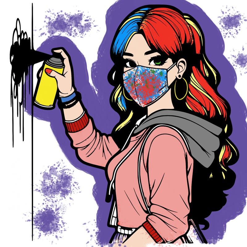 realistic girl with mask spray painting a wall