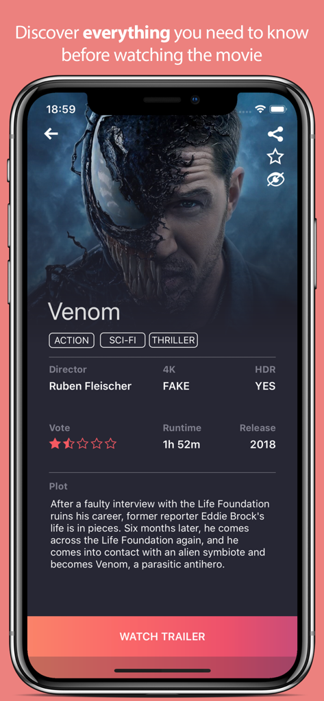 Mobile app interface displaying movie specifications for Venom including fake 4K status and HDR availability