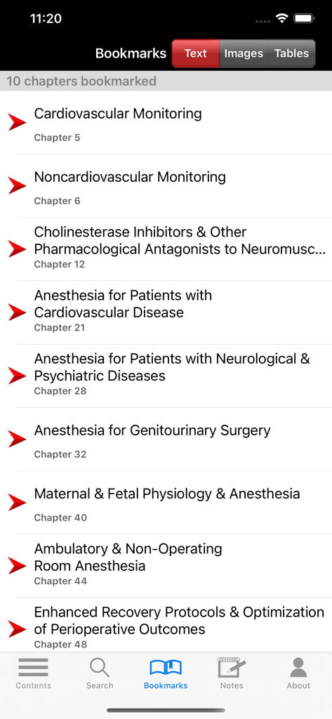 Captura de pantalla de la pantalla de marcadores en la aplicación Clinical Anesthesiology que muestra una lista de capítulos guardados como Monitorización Cardiovascular y Anestesia para Pacientes con Enfermedad Cardiovascular.