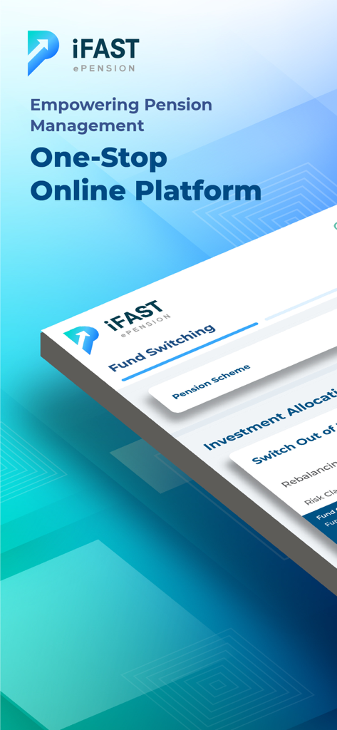 Introductory screen for iFAST ePENSION mobile app highlighting its one stop online platform for pension management.