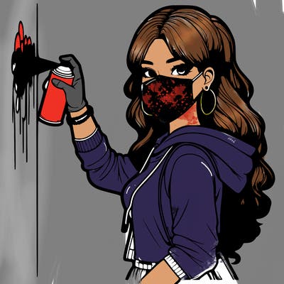 realistic girl with mask spray painting a wall