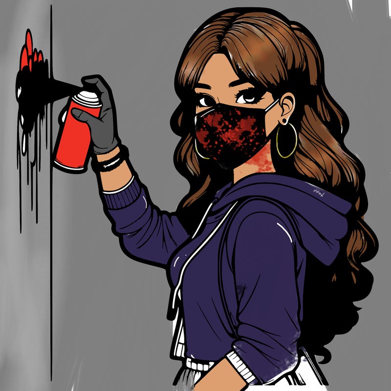realistic girl with mask spray painting a wall