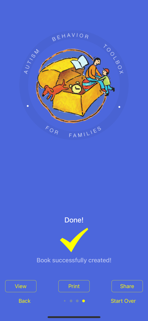 Autism Toolbox - Behavior - Confirmation screen showing a yellow checkmark and the message Book successfully created in the Autism Toolbox app.