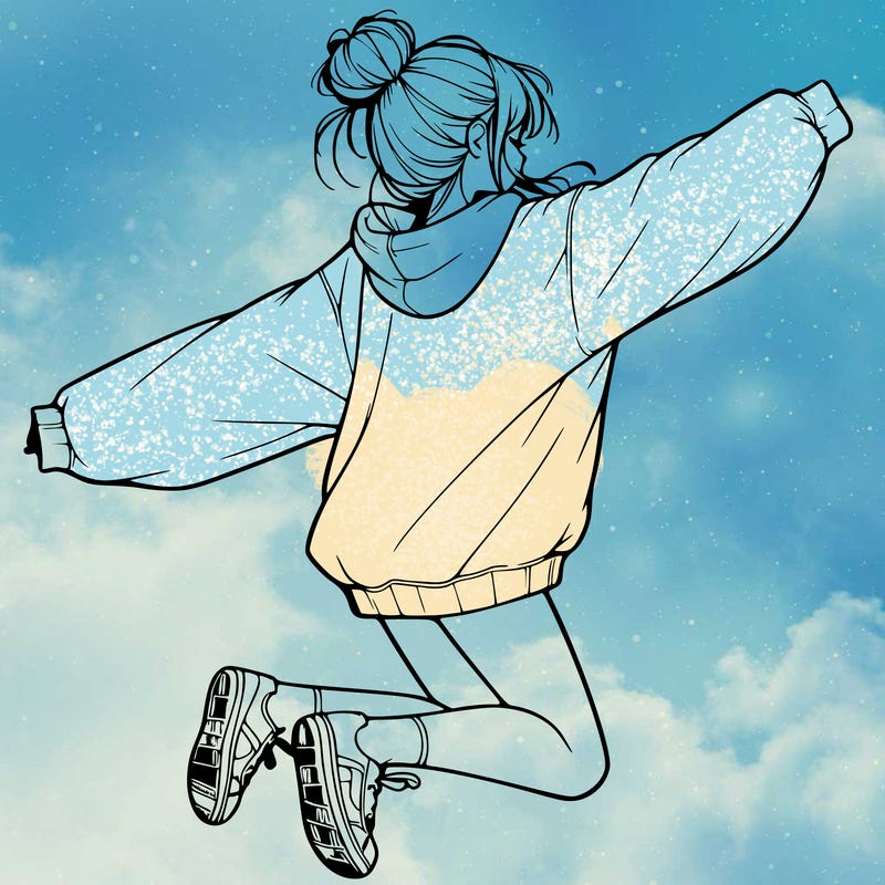 realistic girl jumping with a bun and oversized sweatshirt