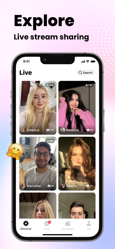 Interface of Piko Live app showing various live streamers in the explore section